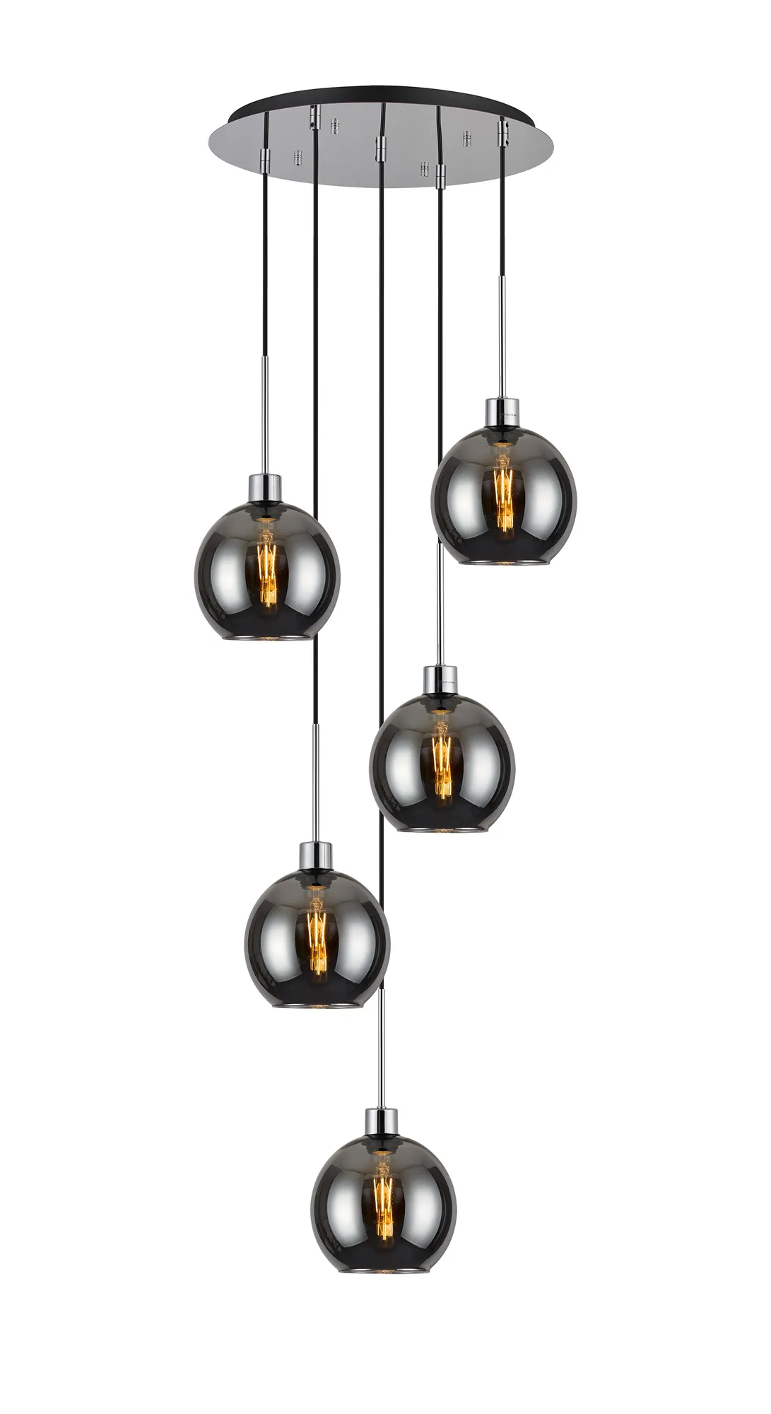 DK1285  Lori cm Round Pendant, 5 Light Adjustable E27, Polished Chrome/Chrome Open Mouth Round Globe Shades